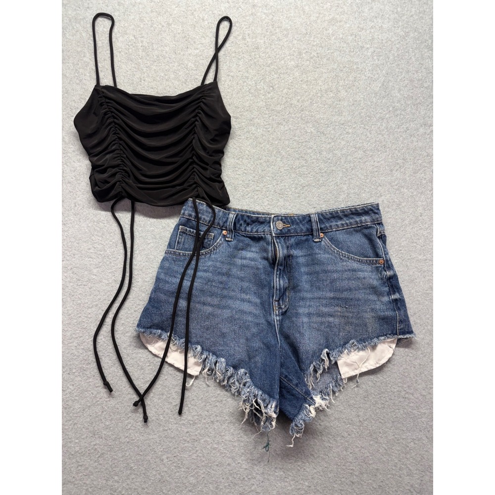 Popular 21 Ruched Crop Top & Sincerely Jules Distressed‎ Denim Shorts Set M 7/28